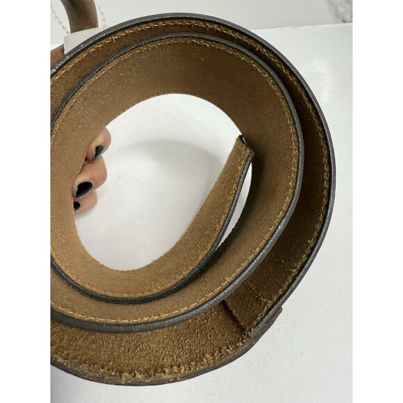 Genuine waxed saddle leather Wide belt Wood buckle Light Camel brown VTG main image 5